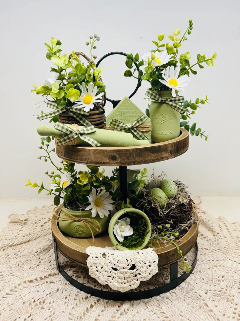 Tiered Tray Decor, Sage Green Decor, Spring Tier Tray Decor, Cottage Decor, Spring Decor